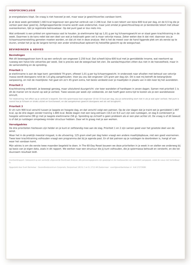 Voorbeeld van het persoonlijke rapport van de Doorbraak Analyse pagina 1